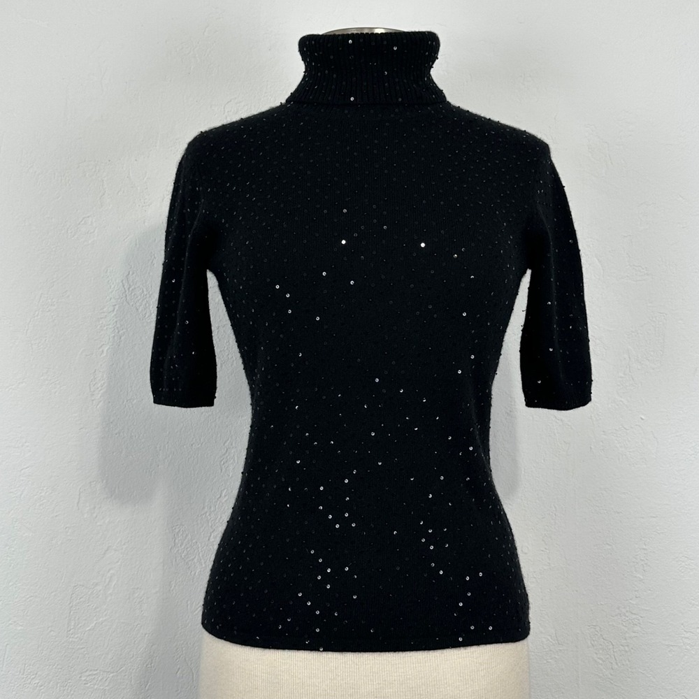 Quiet Luxury Cashmere Sweater Size Small Beaded Sequin Short Sleeve Turtleneck